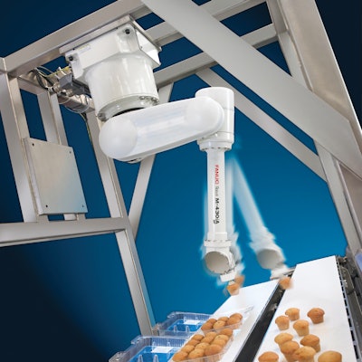The FANUC Robot M-430iA/2F is a high-speed picking robot designed for food handling. This robot utilizes USDA-certifiable parts and has an IP 67 rating.