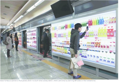 Tesco's virtual grocery store in the Seoul subway system allowed shoppers to scan and purchase items by smartphone.