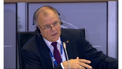Vytenis Andriukaitis replies during a question and answer session at the European Parliament committee on Environment, Public Health and Food Safety hearings.