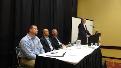 At left, Shaun McFaul, Ben E. Keith Co., Angel Garcia, Nicholas & Co., Paul Lodics, Eby-Brown Co. LLC, and Mike Hammond, Red Diamond Inc., field questions about motivating employees.
