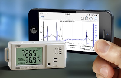 Onset's data logger measures and transmits temperature and humidity data wirelessly to mobile devices via Bluetooth Smart technology.