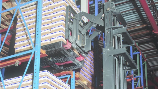 Plastic rackable and reusable pallets used for the storage of finished goods cases.