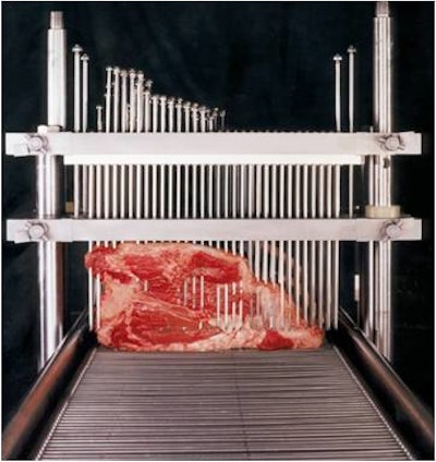 To increase tenderness, some cuts of beef are tenderized mechanically by piercing them with needles or small blades in order to break up tissue.