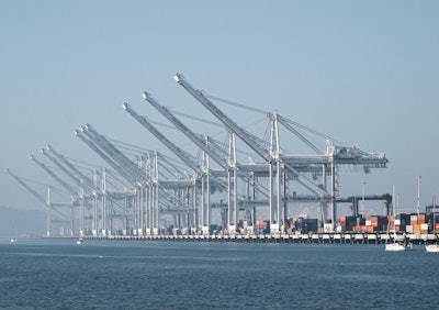 Idle cranes at the Port of Oakland.