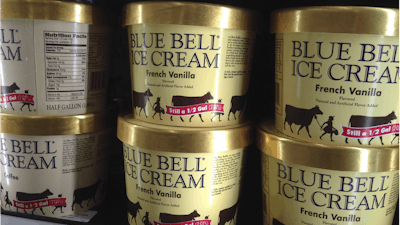 In this April 10, 2015 file photo, Blue Bell ice cream rests on a grocery store shelf in Lawrence, Kansas. In the wake of a deadly listeria outbreak in ice cream, the Justice Department is warning food companies that they could face criminal and civil penalties if they poison their customers.