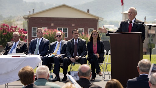 Georgia Gov. Nathan Deal, right, announces a Memorandum of Agreement to establish the Appalachian Regional Port near Chatsworth, Ga., along with, from right, Murray County Commissioner Brittany Pittman, Georgia Ports Authority Executive Director Curtis Foltz, CSX Senior Vice President Clarence Gooden, Ga. Senator Charlie Bethel, and Ga. House Speaker David Ralston, Tuesday, July 28, 2015, in Chatsworth, Ga. The inland port, due to open in 2018, will serve as a direct link from the Port of Savannah to North Georgia, Alabama, Tennessee and parts of Kentucky.