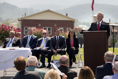 Georgia Gov. Nathan Deal, right, announces a Memorandum of Agreement to establish the Appalachian Regional Port near Chatsworth, Ga., along with, from right, Murray County Commissioner Brittany Pittman, Georgia Ports Authority Executive Director Curtis Foltz, CSX Senior Vice President Clarence Gooden, Ga. Senator Charlie Bethel, and Ga. House Speaker David Ralston, Tuesday, July 28, 2015, in Chatsworth, Ga. The inland port, due to open in 2018, will serve as a direct link from the Port of Savannah to North Georgia, Alabama, Tennessee and parts of Kentucky.