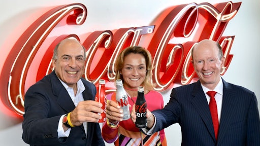 Muhtar Kent, Chairman and Chief Executive Officer, The Coca-Cola Company, Sol Daurella, Executive Chairwoman of Coca-Cola Iberian Partners and John Brock, Chairman and Chief Executive Officer of Coca-Cola Enterprises, Inc. toast the creation of Coca-Cola European Partners.