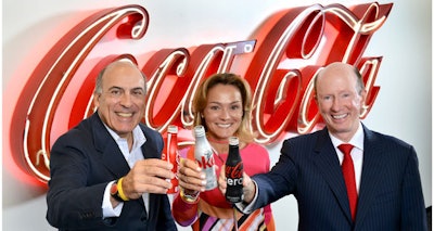 Muhtar Kent, Chairman and Chief Executive Officer, The Coca-Cola Company, Sol Daurella, Executive Chairwoman of Coca-Cola Iberian Partners and John Brock, Chairman and Chief Executive Officer of Coca-Cola Enterprises, Inc. toast the creation of Coca-Cola European Partners.