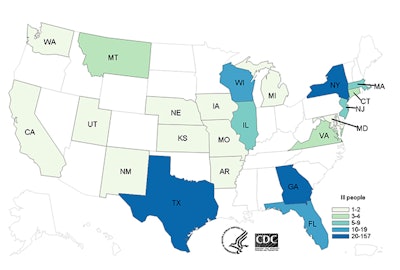 Reported U.S. cases of laboratory-confirmed, domestically acquired cyclosporiasis in persons with onset of illness since May 1, 2015.
