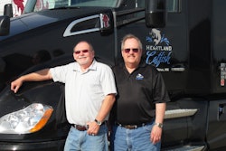 Driver Dennis Jones, left, and James Sorrels, director of transportation, appreciate the savings from aerodynamic features in the Kenworth T680.