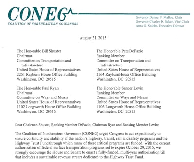 The Coalition of Northeastern Governors (CONEG) sent a letter to Congress urging action to ensure stability in the nation’s highway, transit, rail and safety programs.