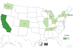 The illnesses are in California (14), Colorado (1), Illinois (1), Massachusetts (2), Michigan (1), New York (2), Ohio (1), Tennessee (1), and Washington (1).