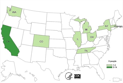 The illnesses are in California (14), Colorado (1), Illinois (1), Massachusetts (2), Michigan (1), New York (2), Ohio (1), Tennessee (1), and Washington (1).