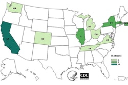 The 24 illnesses in nine states have been report since Aug. 8, 2010. One death was reported from Ohio. Twenty-one people were hospitalized. Five illnesses were pregnancy-related; one resulted in a fetal loss. The illnesses are in California (14), Colorado (1), Illinois (1), Massachusetts (2), Michigan (1), New York (2), Ohio (1), Tennessee (1), and Washington (1).