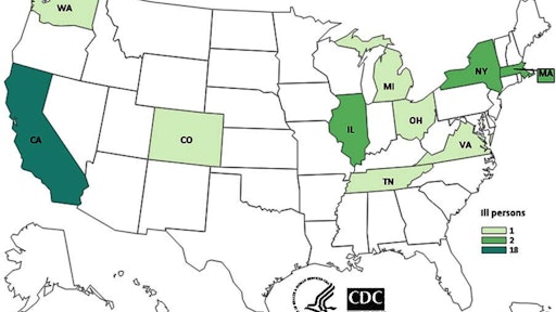 The 24 illnesses in nine states have been report since Aug. 8, 2010. One death was reported from Ohio. Twenty-one people were hospitalized. Five illnesses were pregnancy-related; one resulted in a fetal loss. The illnesses are in California (14), Colorado (1), Illinois (1), Massachusetts (2), Michigan (1), New York (2), Ohio (1), Tennessee (1), and Washington (1).