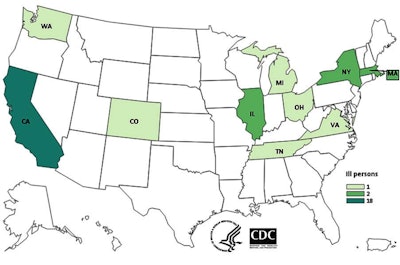 The 24 illnesses in nine states have been report since Aug. 8, 2010. One death was reported from Ohio. Twenty-one people were hospitalized. Five illnesses were pregnancy-related; one resulted in a fetal loss. The illnesses are in California (14), Colorado (1), Illinois (1), Massachusetts (2), Michigan (1), New York (2), Ohio (1), Tennessee (1), and Washington (1).