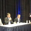 Jon Van Winkle of Omnitracs LLC, center, fields a question on onboard computer technology, flanked by Rustin Keller of J.J. Keller Associates (left) and Rick Ochsendorf of PeopleNet. Lynn Conn of F.A.B. Inc. moderates.