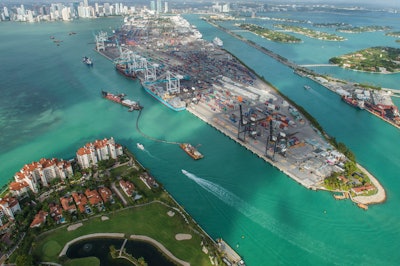 An aerial view of PortMiami's recently completed deep dredge project that makes the port the only global trade hub south of Virginia capable of handling post-Panamax ships.
