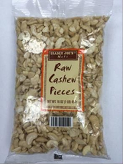 The recalled cashew pieces are packaged in 16-ounce, clear, non-resealable plastic bags with a barcode number of 00505154 and with the following lot code, “BEST BEFORE 07.17.2016TF4.” The “BEST BEFORE” information can be found on the back of the package above the barcode.