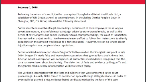 Shortly after the ruling, the Aurora, Ill.-based OSI Group said it planned to appeal. It said the Chinese authorities unjustly held OSI employees for 17 months and barred OSI’s senior leaders and reporters from attending the trial.