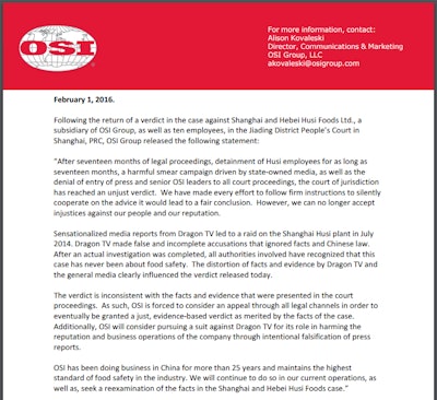 Shortly after the ruling, the Aurora, Ill.-based OSI Group said it planned to appeal. It said the Chinese authorities unjustly held OSI employees for 17 months and barred OSI’s senior leaders and reporters from attending the trial.