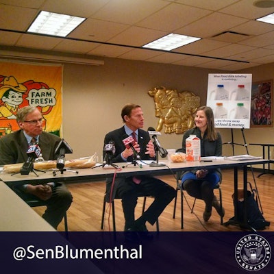 Legislation similar to the bill Blumenthal (center) is proposing has already been submitted in the U.S. House, and he said both measures face an 'uphill fight' in an often-gridlocked Congress despite expected food industry support.