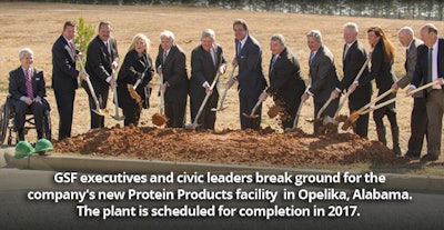 GSF executives and civic leaders breaj ground for the company's new protein products facility in Opelika, Ala. The plant is scheduled for completion in 2017.