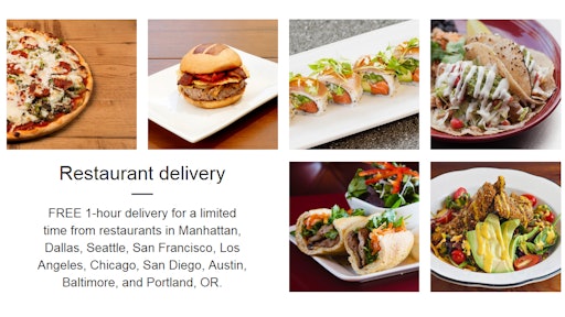 Amazon.com announced that Prime members in New York City and Dallas, Texas, can now enjoy free one-hour delivery from local restaurants.