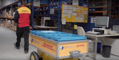 EFFiBot sits on four heavy-duty all-terrain wheels, its body is mainly an open wagon-like bay that holds upwards of 650 pounds. Sensors on the front help EFFiBot follow the picker throughout the warehouse as he or she finds packages on the shelves and places them on the robot to carry.