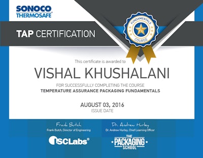 The certification program was developed by Sonoco ThermoSafe’s ISCLabs in partnership with The Packaging School.