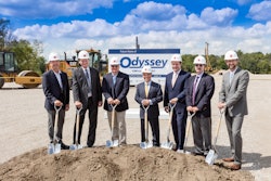 Odyssey Logistics & Technology Corporation (Odyssey) today broke ground on the construction of a new 121,680-square-foot metals trans-load facility in Joliet, Illinois on Aug. 23. Odyssey’s subsidiary CMI Logistics LLC (CMI) will operate the facility. Joining the ceremony from left to right are Patrick K. Kinne, general director, International Marketing, BNSF Railway Company, Rick Rudie, president, Odyssey subsidiary Interdom LLC and head of CMI Logistics LLC, Paul Sever, executive vice president & general manager, CMI Logistics LLC, Cosmo Alberico, chief operating officer and chief financial officer, Odyssey, Jeremy Grey, vice president, Infrastructure & Logistics Development, CenterPoint Properties, Bob Shellman, president & chief executive officer, Odyssey, Alan Bouchier-Hayes, senior financial analyst, CenterPoint Properties.