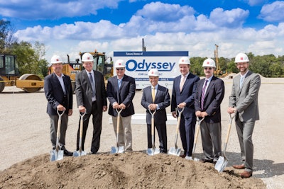 Odyssey Logistics & Technology Corporation (Odyssey) today broke ground on the construction of a new 121,680-square-foot metals trans-load facility in Joliet, Illinois on Aug. 23. Odyssey’s subsidiary CMI Logistics LLC (CMI) will operate the facility. Joining the ceremony from left to right are Patrick K. Kinne, general director, International Marketing, BNSF Railway Company, Rick Rudie, president, Odyssey subsidiary Interdom LLC and head of CMI Logistics LLC, Paul Sever, executive vice president & general manager, CMI Logistics LLC, Cosmo Alberico, chief operating officer and chief financial officer, Odyssey, Jeremy Grey, vice president, Infrastructure & Logistics Development, CenterPoint Properties, Bob Shellman, president & chief executive officer, Odyssey, Alan Bouchier-Hayes, senior financial analyst, CenterPoint Properties.