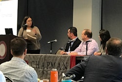 Shown from left to right, Food Logistics editorial director Lara L. Sowinski joined Jaymie Forrest, CCO of ScanTech Sciences, Murray Lynch, CEO of Steritech; and Alberto Diaz, managing director of Spring Valley Fruitson a logistics panel during the seventh annual Chapman Phytosanitary Irradiation Forum in March.
