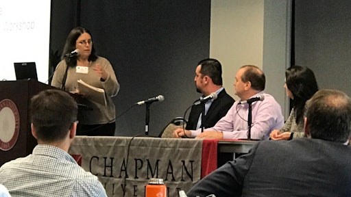 Shown from left to right, Food Logistics editorial director Lara L. Sowinski joined Jaymie Forrest, CCO of ScanTech Sciences, Murray Lynch, CEO of Steritech; and Alberto Diaz, managing director of Spring Valley Fruitson a logistics panel during the seventh annual Chapman Phytosanitary Irradiation Forum in March.