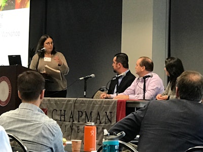 Shown from left to right, Food Logistics editorial director Lara L. Sowinski joined Jaymie Forrest, CCO of ScanTech Sciences, Murray Lynch, CEO of Steritech; and Alberto Diaz, managing director of Spring Valley Fruitson a logistics panel during the seventh annual Chapman Phytosanitary Irradiation Forum in March.