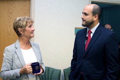 Manatee County Port Authority Chairwoman Vanessa Baugh, left, discusses trade opportunities with Juan C. Barrera, general deputy director for the United States of ProColombia USA.