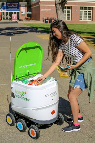 PepsiCo's snackbots have a range of more than 20 miles on a single charge and are equipped with camera and headlights that allow it to see and navigate carefully in full darkness or rain, as well as all-wheel drive capabilities for handling curbs and steep hills.
