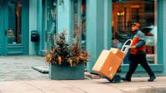 Man Pushing Hand Truck Beside Building 2047397