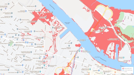 This map image shows different zooms of annual flood risk zones in 2050, and risk zones by water level above the high tide line (measured at Fort Pulaski).