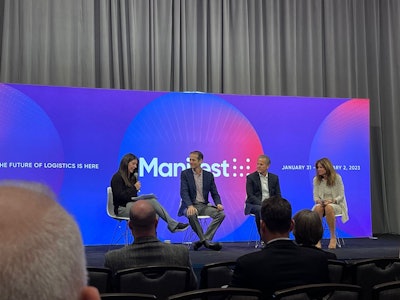 Marina Mayer, editor-in-chief, moderates a panel discussion on Humanitarian Logistics, with Benjamin Gordon, managing partner and CEO, Cambridge Capital and BGSA; Mike Wilson, VP, CEVA Logistics; and Romaine Seguin, CEO, Good360.