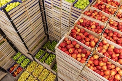 Perishable fruit and vegetables stacked for warehousing.