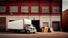 A loaded truck waits at a warehouse.