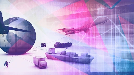 Depiction of global supply chain through technology connection and transportation.