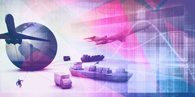 Depiction of global supply chain through technology connection and transportation.