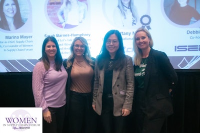 Marina Mayer (far left), co-founder of the Women in Supply Chain Forum, and Sarah Barnes-Humphrey (far right), founder of Let’s Talk Supply Chain and Blended Pledge project, both exclusive sponsors of our Women in Supply Chain award, flanked the two overall Women in Supply Chain award winners, Tiffany Mensen, director, national accounts for CHEP, and Debbie Yu, co-founder and president of ISEE.AI.