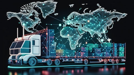 Truck carries cargo with digital connections for global management.