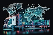 Truck carries cargo with digital connections for global management.