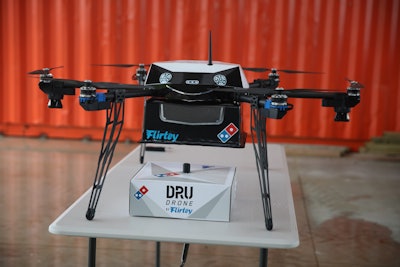 The Flirtey drone conducted an autonomous flight to deliver a hot Domino's pizza, showcasing the scalable drone delivery technology developed by Flirtey.