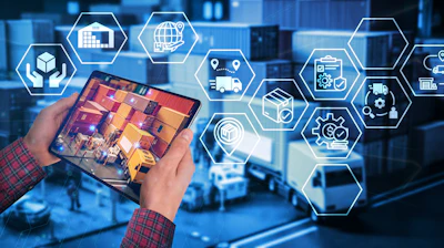Digital warehouse management interface showing logistics technology and supply chain tracking